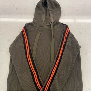 Kokun long sleeve hooded shirt with orange and black stripe down arm. Size XS
